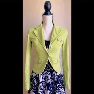 Lime Green Corduroy Jacket: Fitted & Slightly Cropped, Button Up Front, Sz. XS